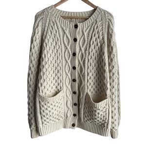 Oversized Cable Knit Cardigan Fisherman Sweater Womens XL 2X Cream Chunky Knit